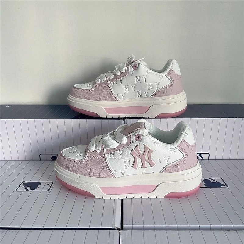 MLB Sneakers Low-Top Platform with NY Logo — Small Logo Pink and White (Women's)