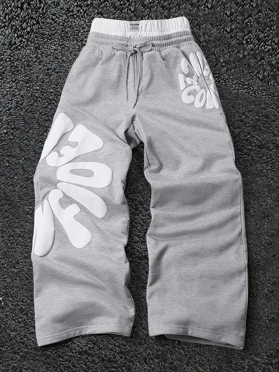 Unbranded Trousers Wide-leg drawstring with raised letter print — Gray (in stock)