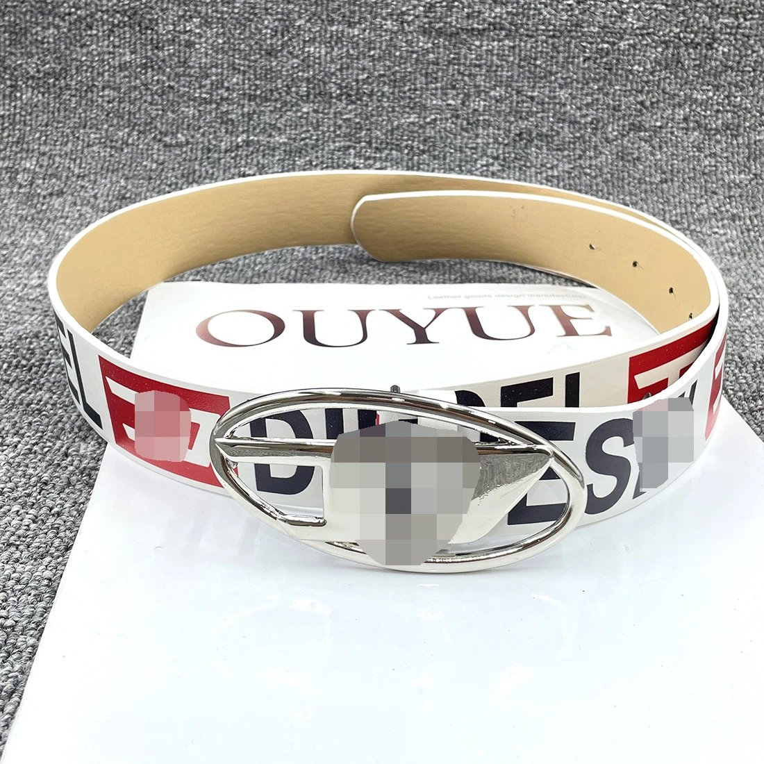 Supreme Belts Logo-Print Metal Buckle Belt — 【Silver D】SUP+D Trendy Brand Letter Belt