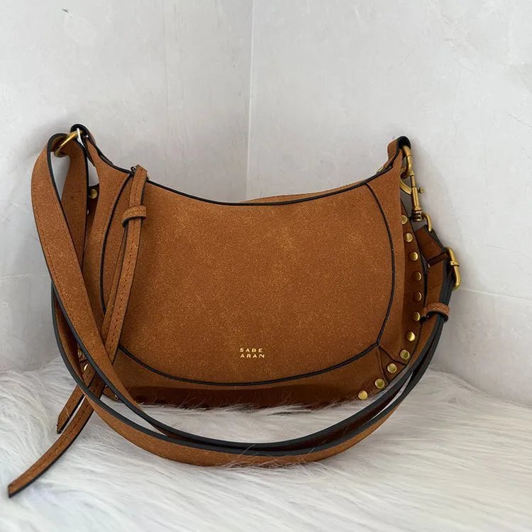 Sabe Aran Shoulder Bags Studded Half-Moon Bag — Brown suede