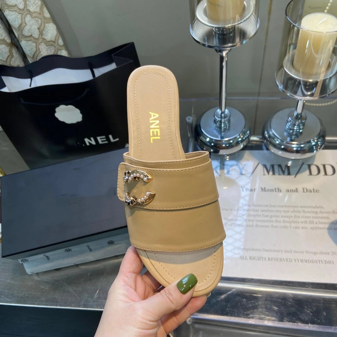 Unbranded Slippers Open-Toe Double-Strap Slides with Rhinestone Buckle — Apricot color