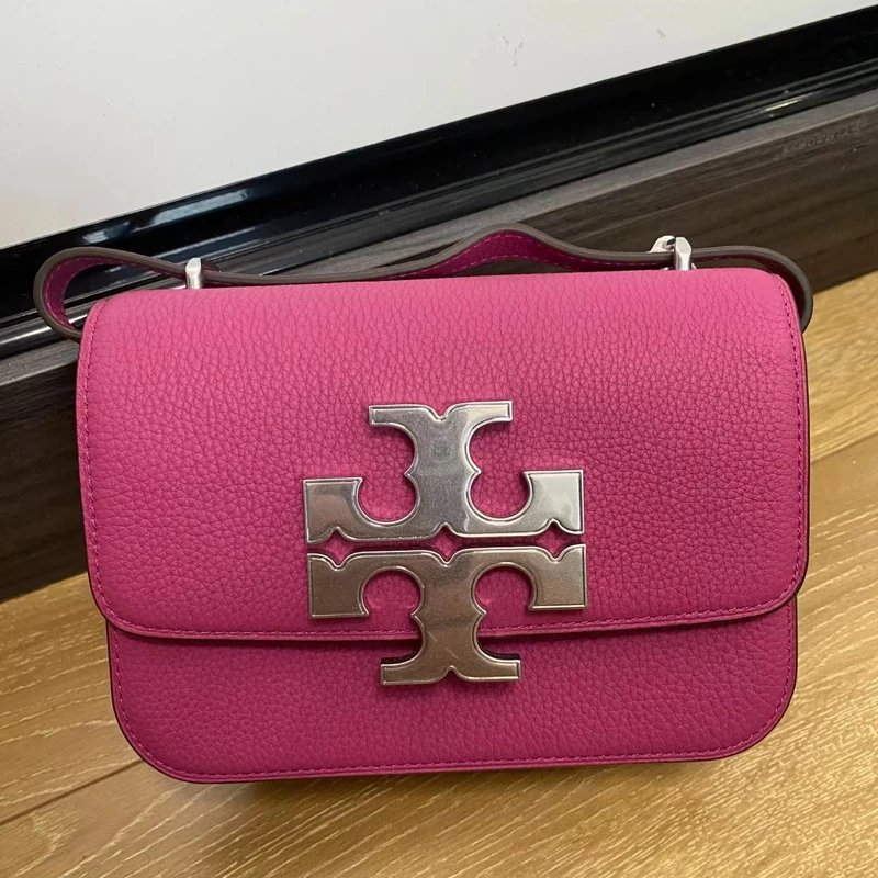 Tory Burch Crossbody Bags Double T Logo Pebbled Flap Bag — Lychee-pattern rose red Y Gift box packaging