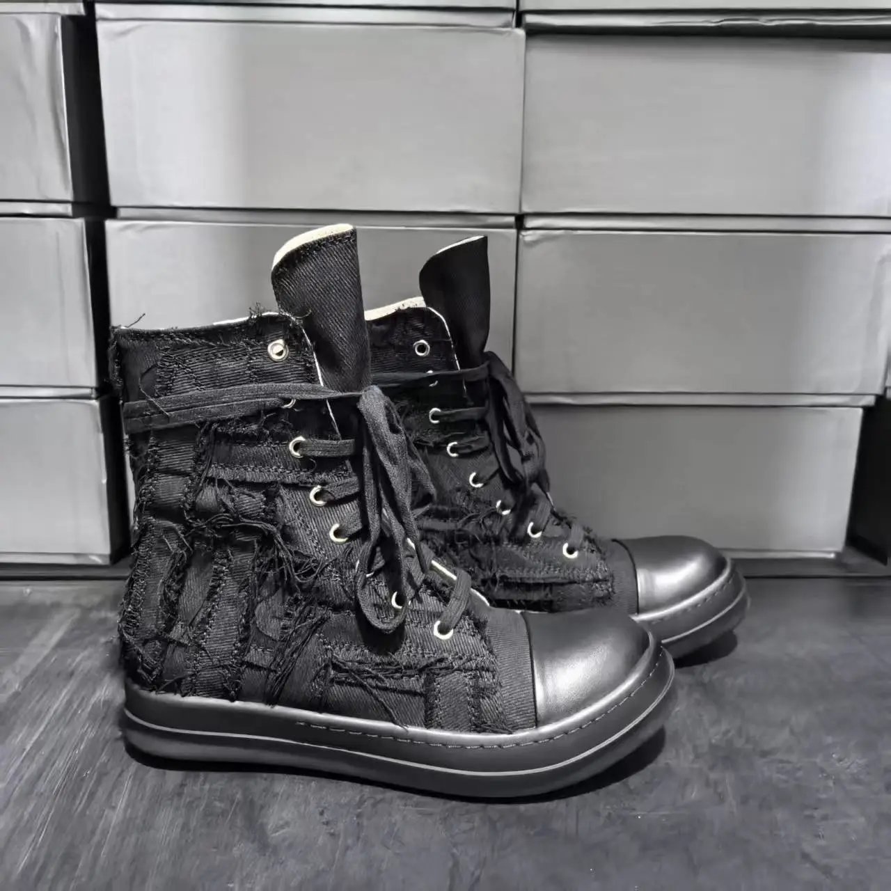 Unbranded Sneakers High-Top Distressed Canvas Lace-Up with Side Zipper — All-black high-top