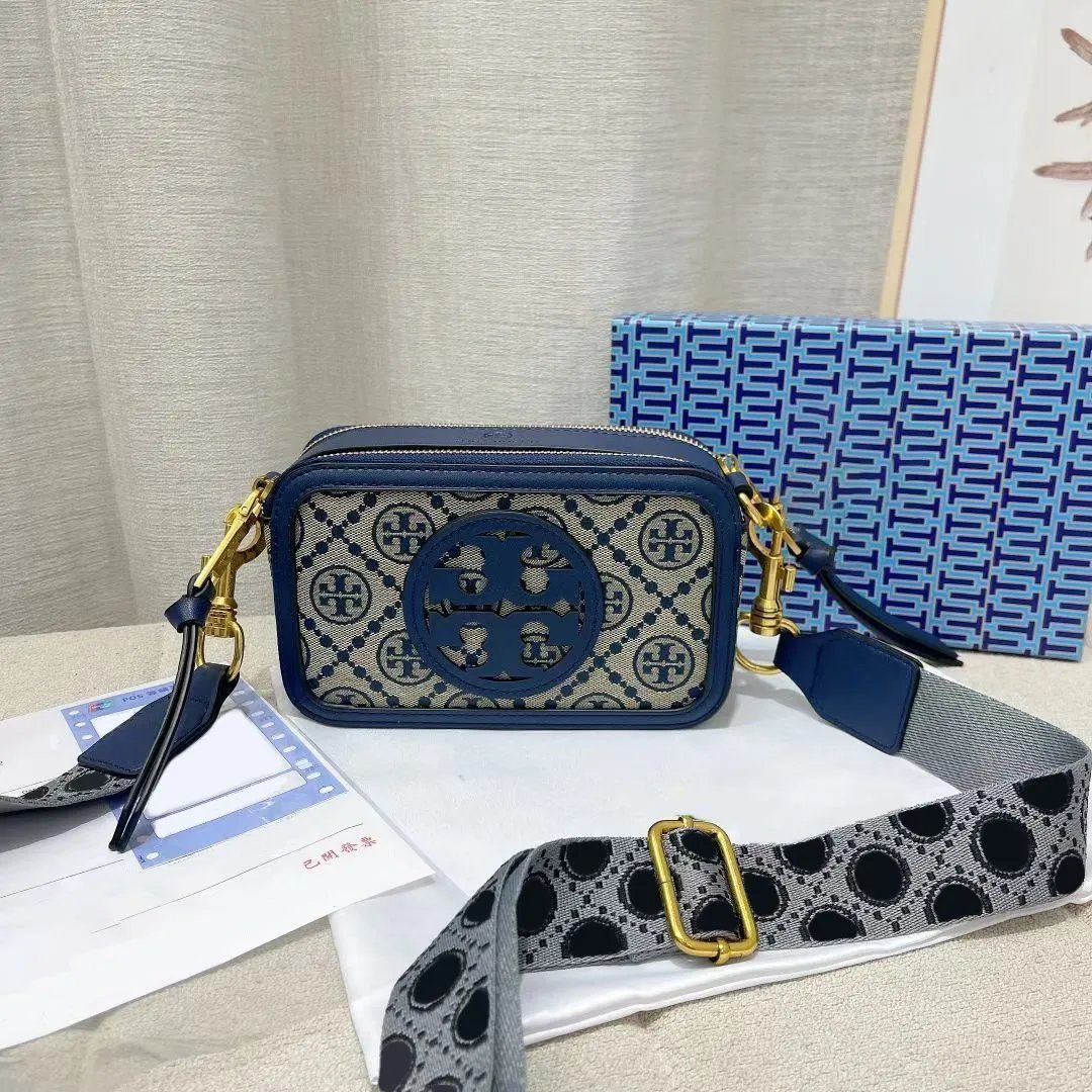 Tory Burch Crossbody Bags Small double-zip logo camera bag with adjustable wide strap — Blue