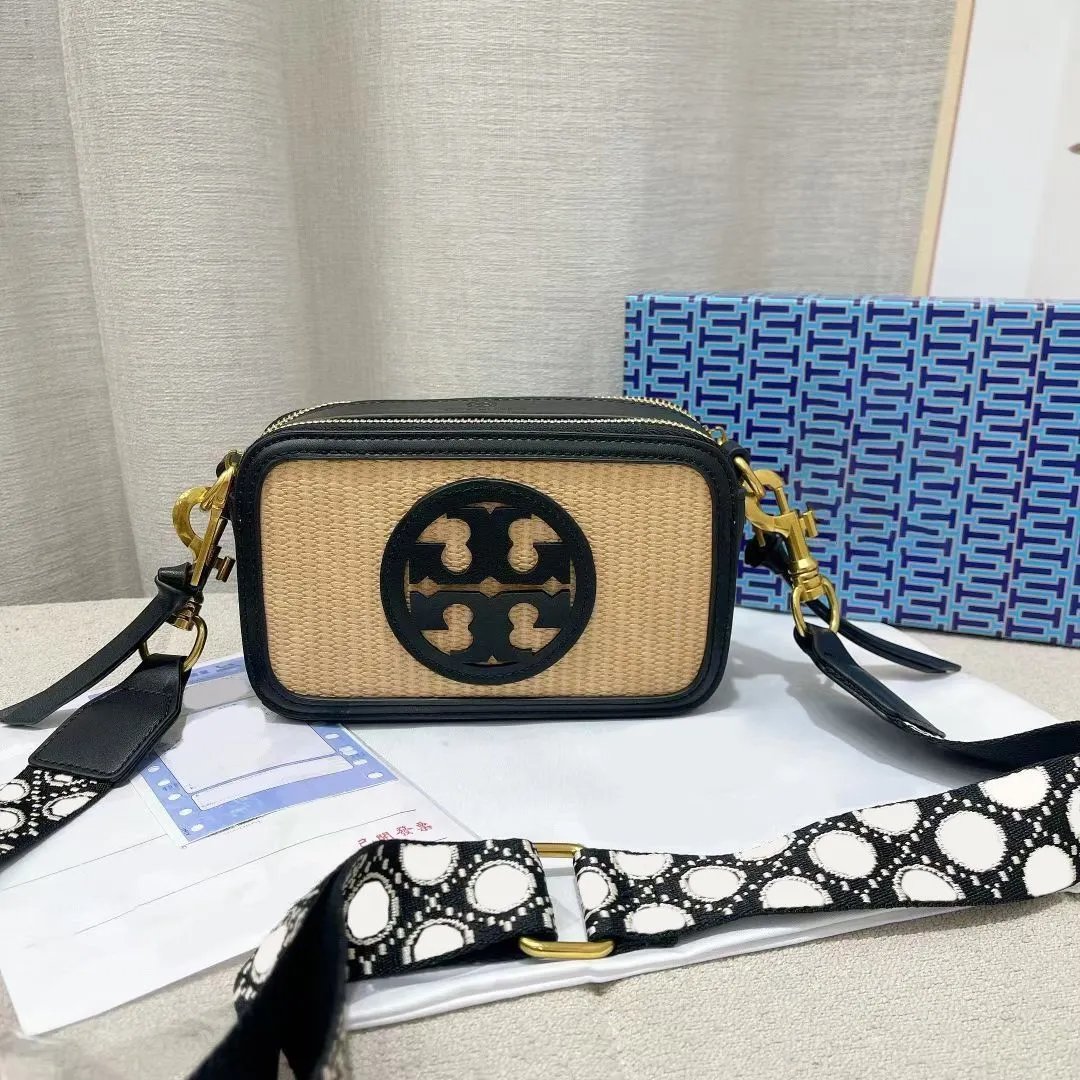 Tory Burch Crossbody Bags Small double-zip logo camera bag with adjustable wide strap — Woven black