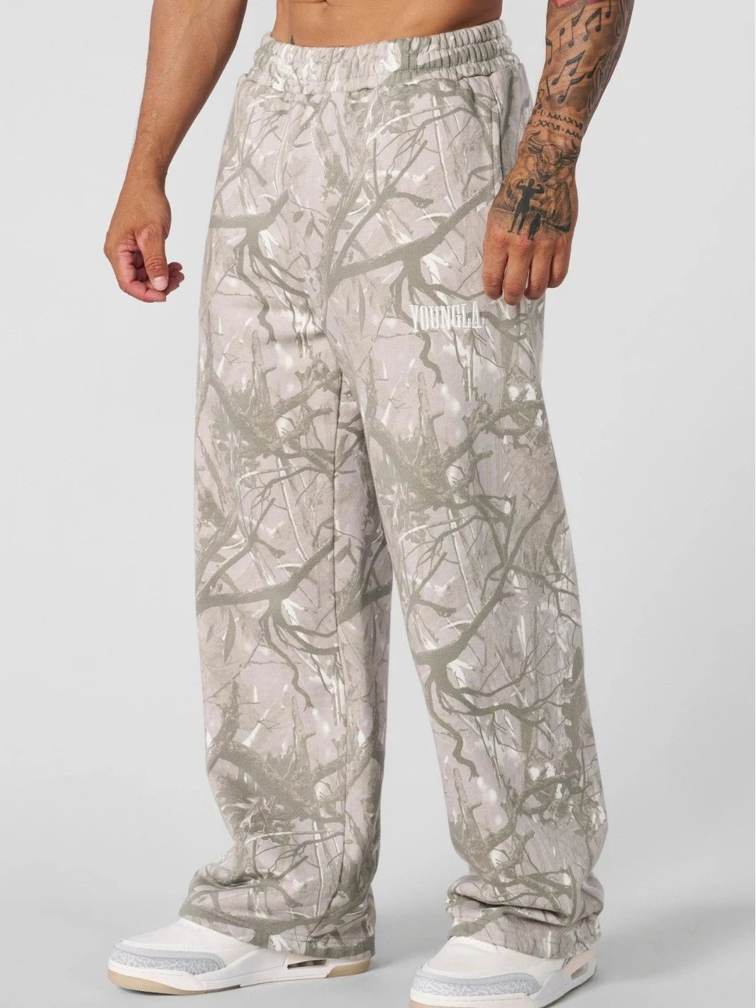 YoungLA Trousers Camouflage Print Elastic-Waist Sweatpants — Green