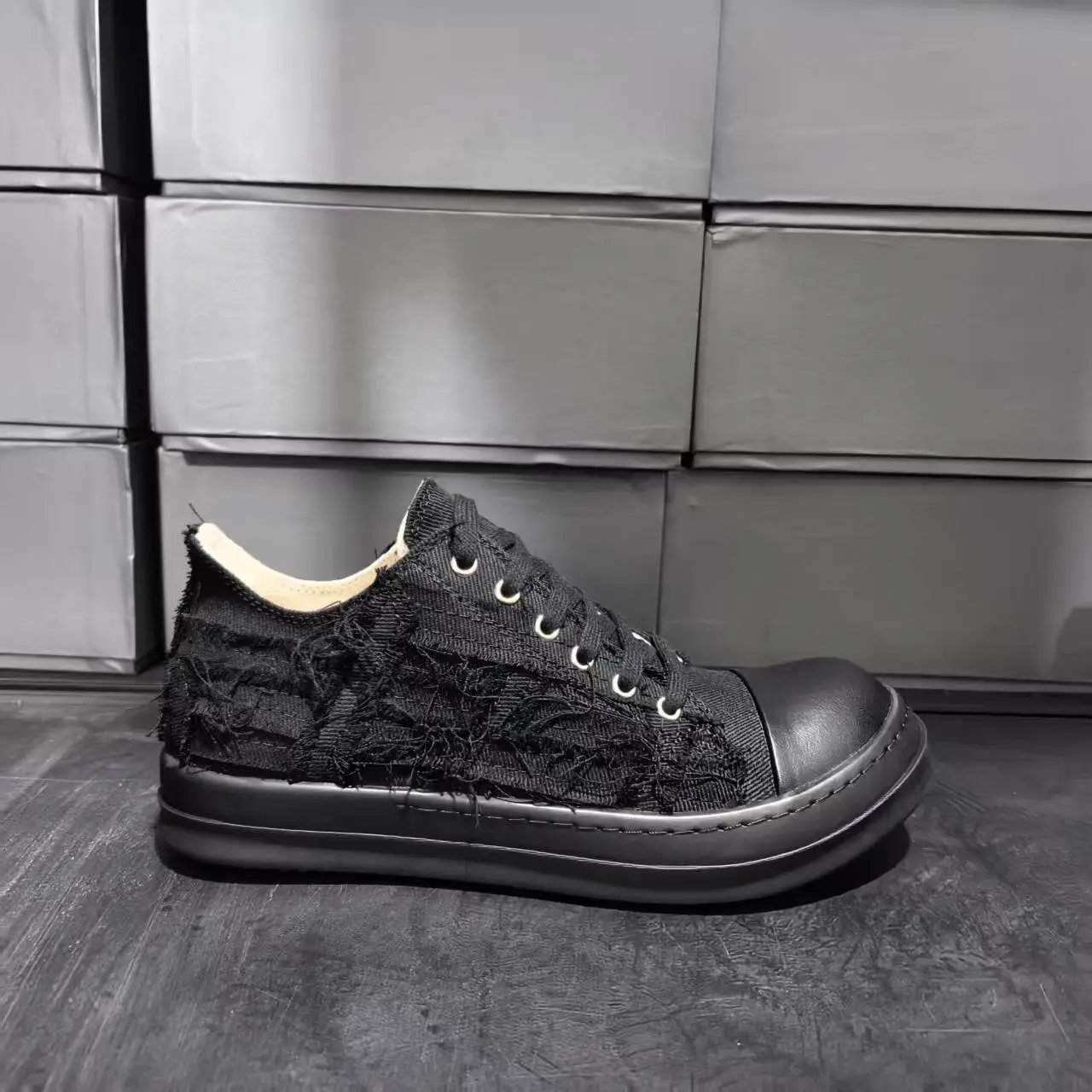 Unbranded Sneakers High-Top Distressed Canvas Lace-Up with Side Zipper — All-black low-top
