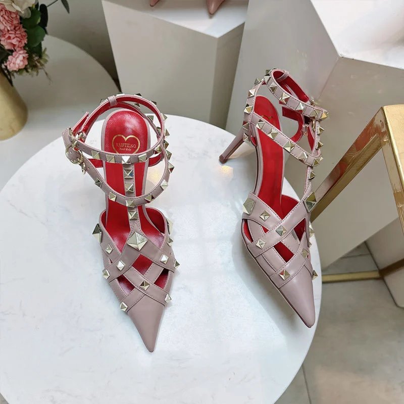 Valentino Garavani Sandals Rockstud pointed-toe caged ankle-strap high-heel — purple nude 8 CM