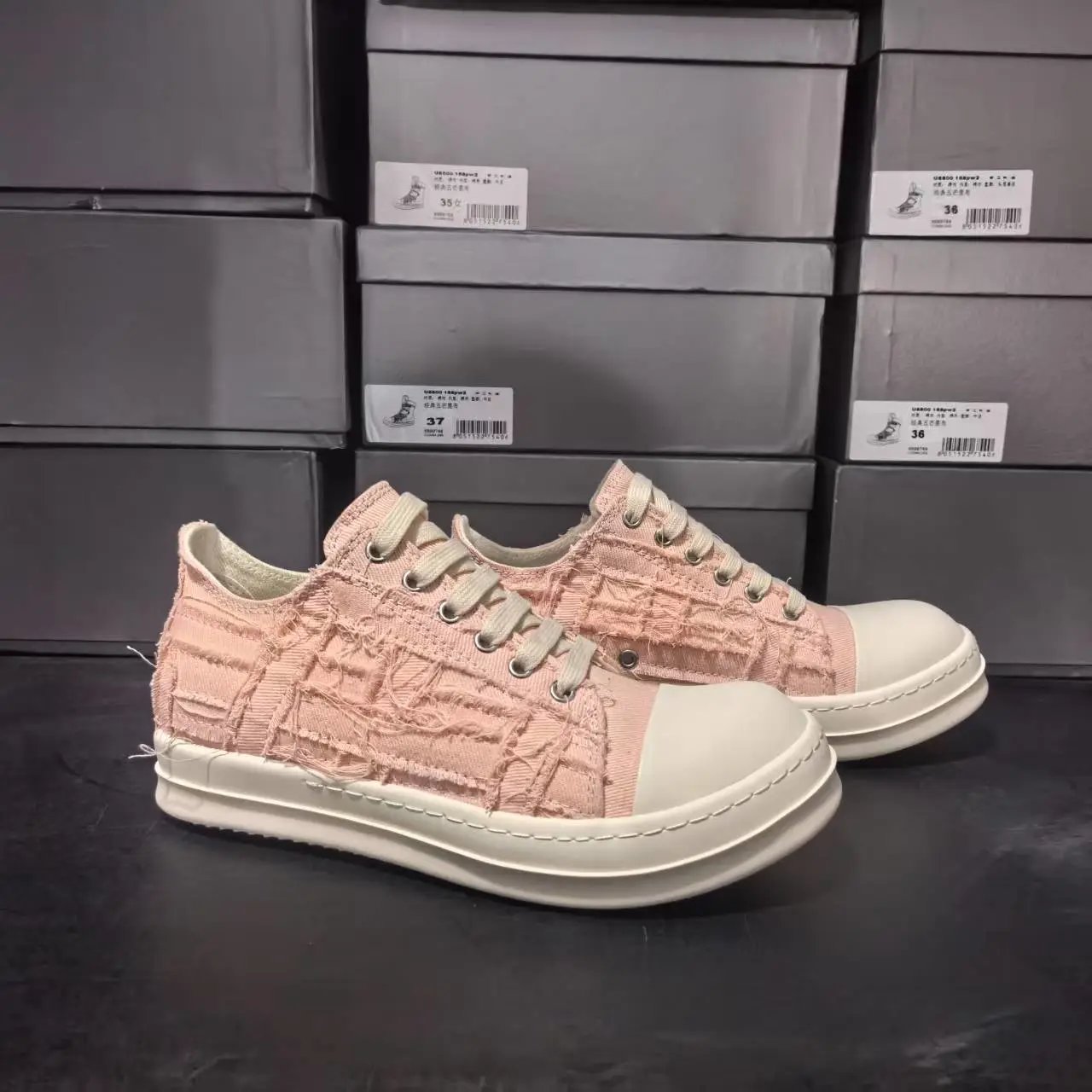 Unbranded Sneakers High-Top Distressed Canvas Lace-Up with Side Zipper — Pink low-top