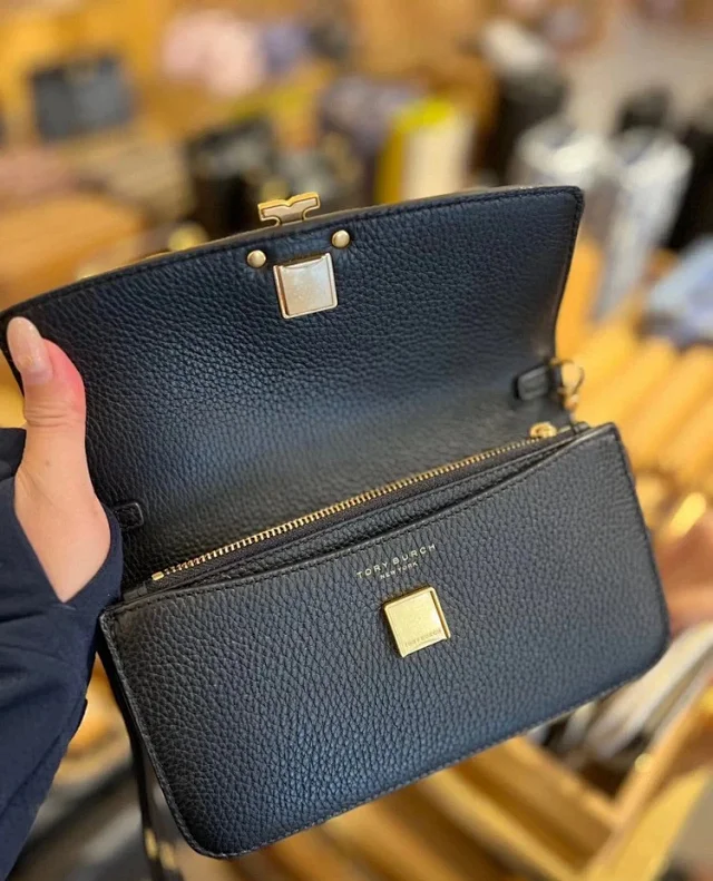 Tory Burch Crossbody Bags Small pebbled-leather flap bag with chain strap and Double T logo product detail image 7
