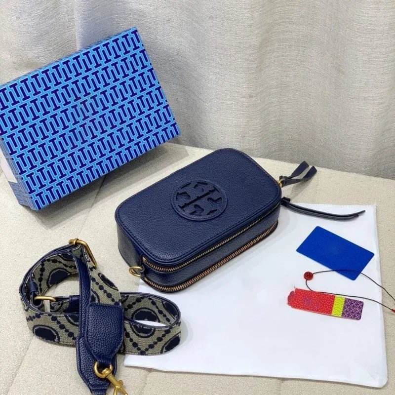 Tory Burch Crossbody Bags Small double-zip logo camera bag with adjustable wide strap — Deep Blue