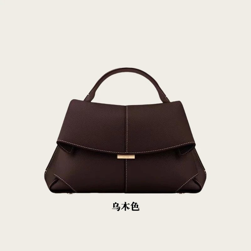 Polène Handbags Top-handle flap bag with pleated side panels — Ebony color [In stock, ships instantly]