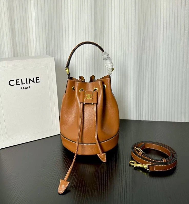 Celine Handbags Triomphe Logo Bucket Bag — Brown 16*19*16 CM