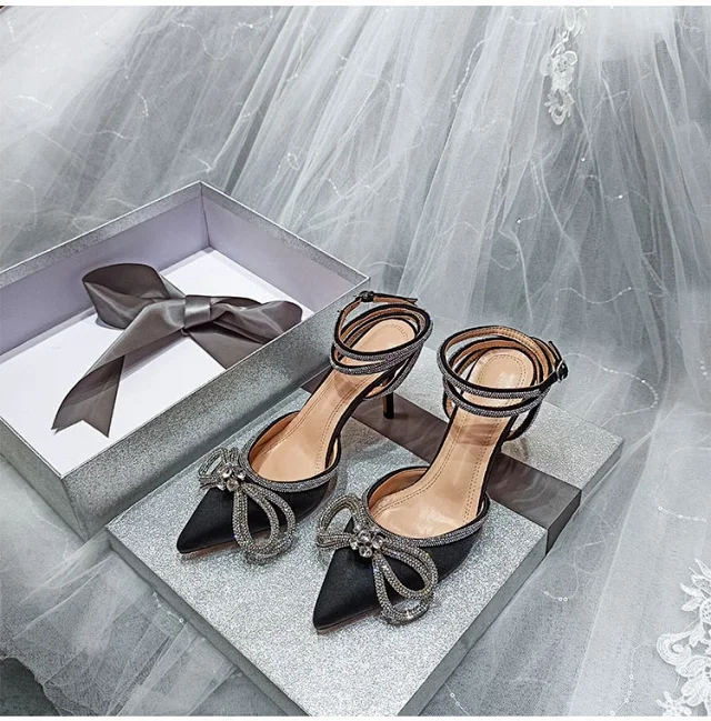 Unbranded High Heels Pointed-Toe Rhinestone Bow Ankle-Strap Stiletto Sandals product detail image 19