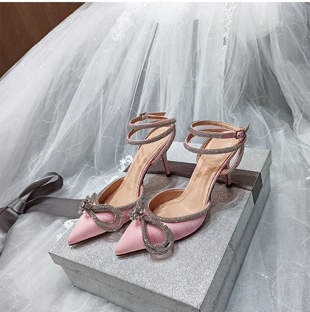 Unbranded High Heels Pointed-Toe Rhinestone Bow Ankle-Strap Stiletto Sandals product detail image 23