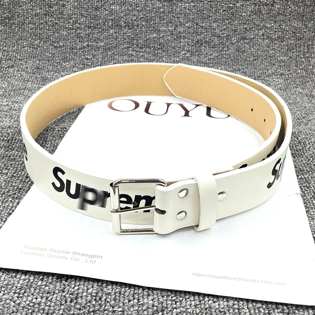Supreme Belts Logo-Print Metal Buckle Belt — 【Beige】SUP+D Trendy Brand Letter Belt