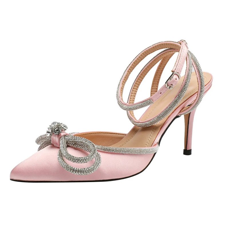 Unbranded High Heels Pointed-Toe Rhinestone Bow Ankle-Strap Stiletto Sandals image 5