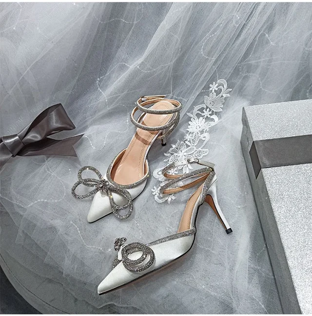 Unbranded High Heels Pointed-Toe Rhinestone Bow Ankle-Strap Stiletto Sandals product detail image 21