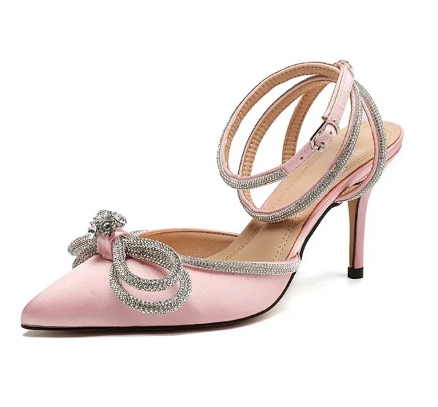 Unbranded High Heels Pointed-Toe Rhinestone Bow Ankle-Strap Stiletto Sandals product detail image 31