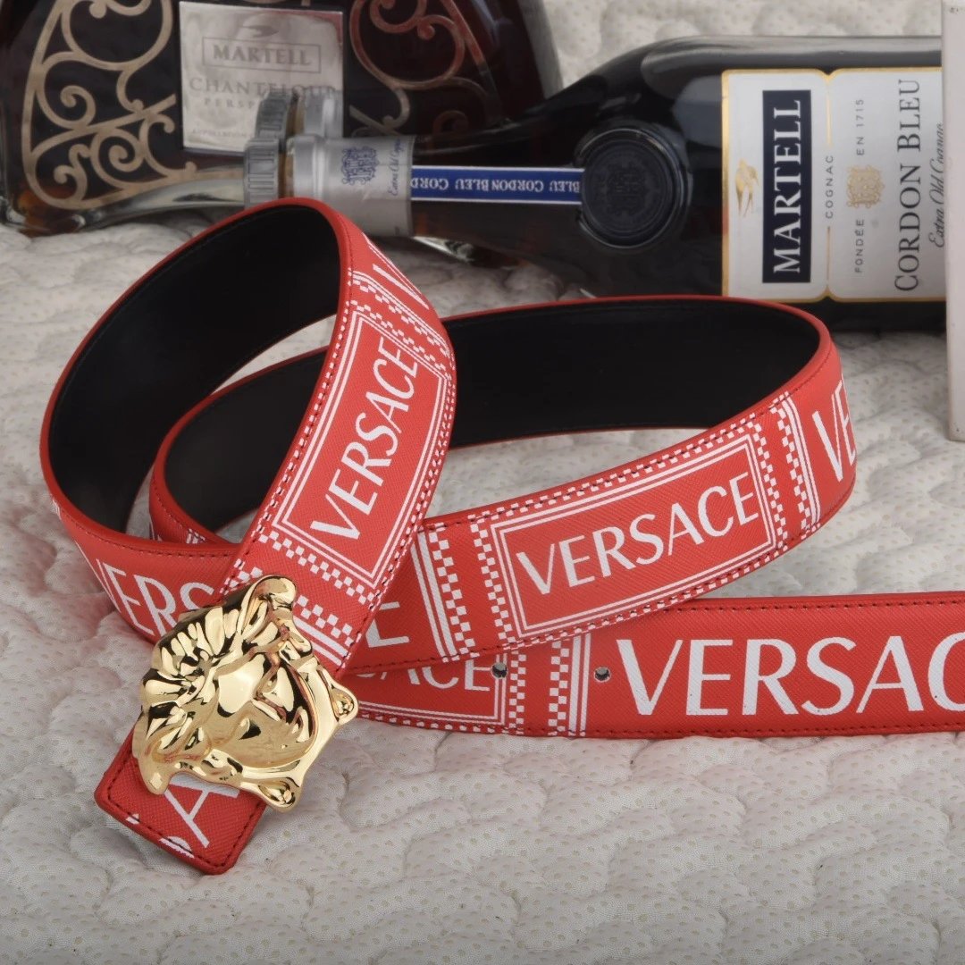 Versace Belts Logo-print belt with Medusa-head buckle — Red with gold buckle
