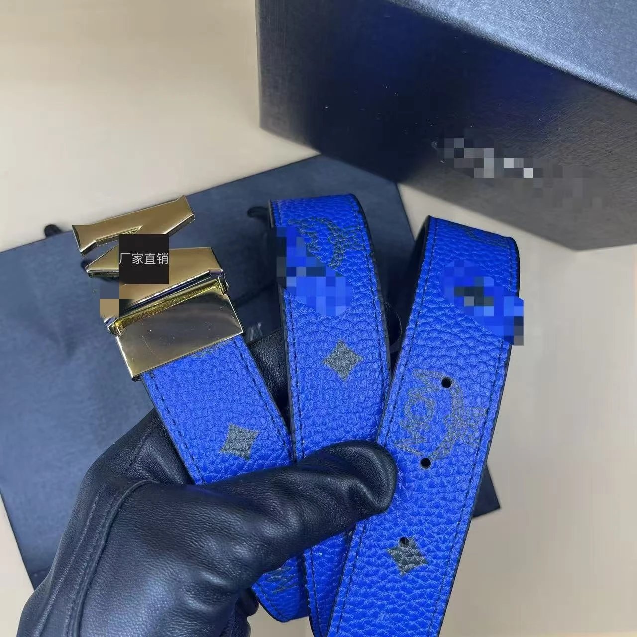 Unbranded Belts M Letter Buckle Patterned Belt — Blue+M Gold buckle