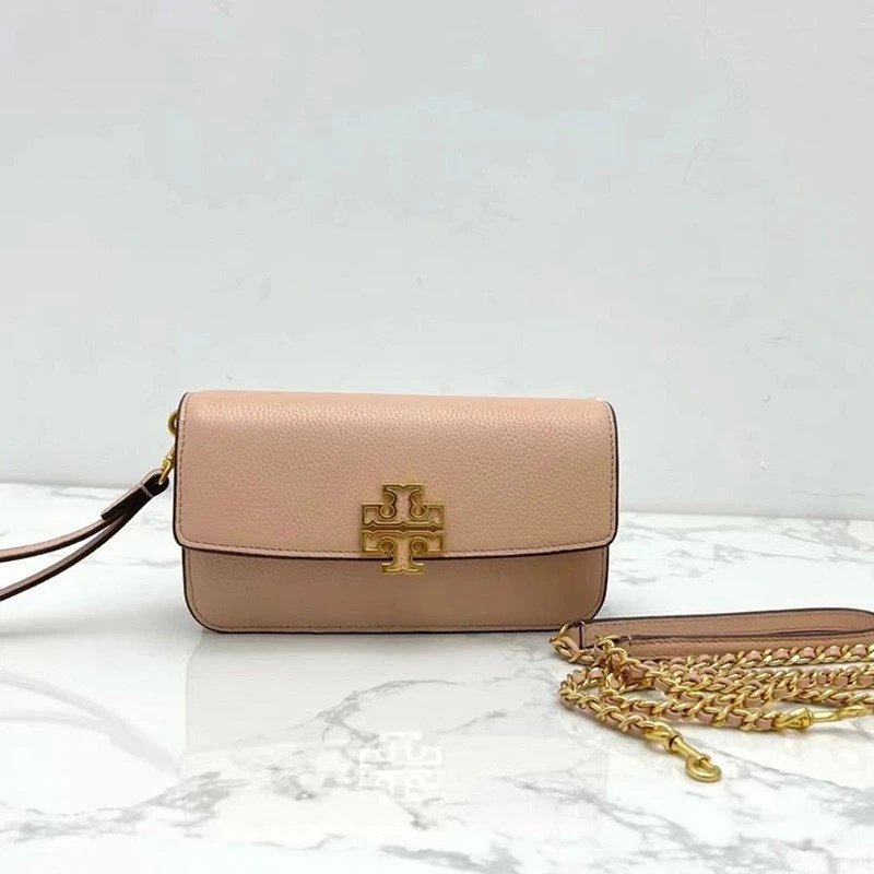 Tory Burch Crossbody Bags Small pebbled-leather flap bag with chain strap and Double T logo — Apricot-gift box packaging