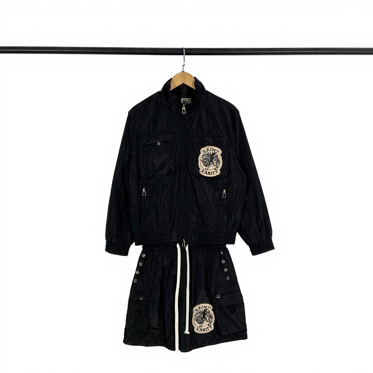 Saint Vanity Shorts Drawstring with embroidered patch and side rivets — TD8341 Black (one set)