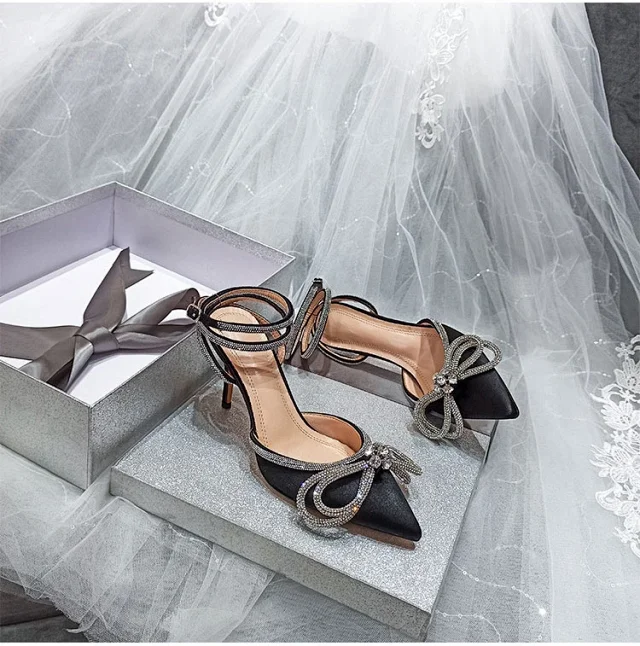 Unbranded High Heels Pointed-Toe Rhinestone Bow Ankle-Strap Stiletto Sandals product detail image 18