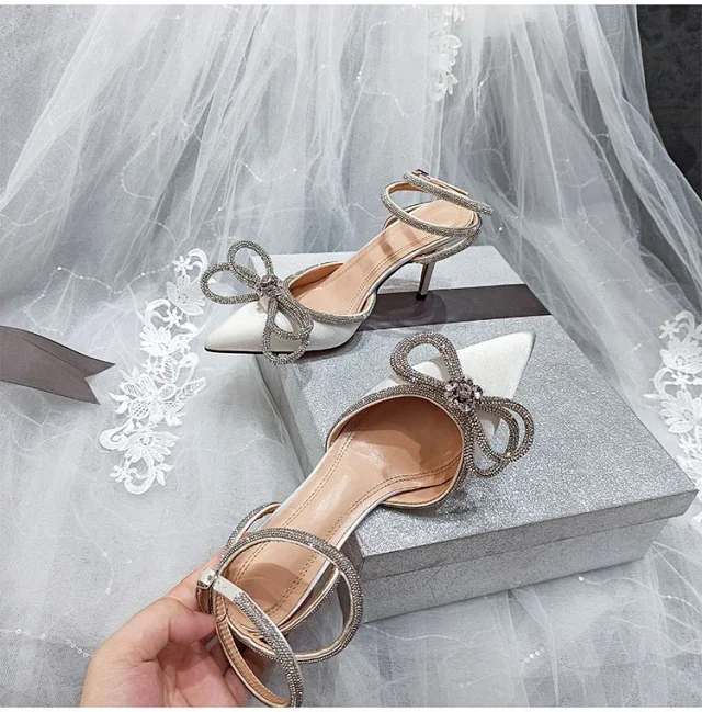 Unbranded High Heels Pointed-Toe Rhinestone Bow Ankle-Strap Stiletto Sandals product detail image 20