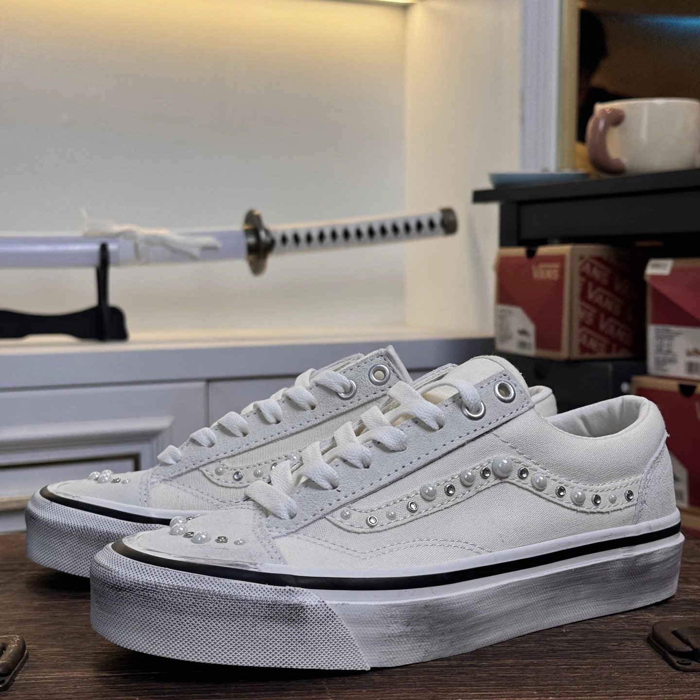 Unbranded Sneakers Low-Top Canvas Pearl-Embellished Distressed image 3