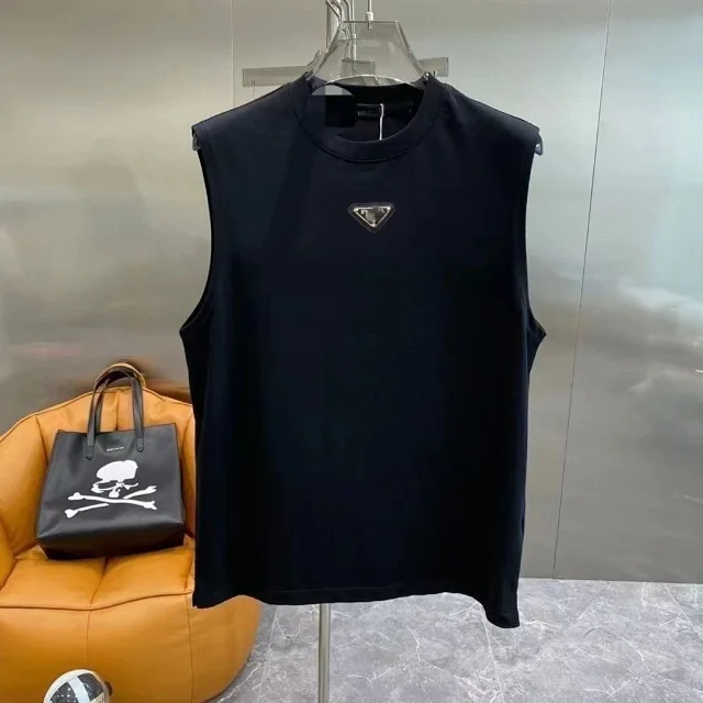 Prada T-Shirts Sleeveless crewneck T-shirt with triangle logo plaque product detail image 7