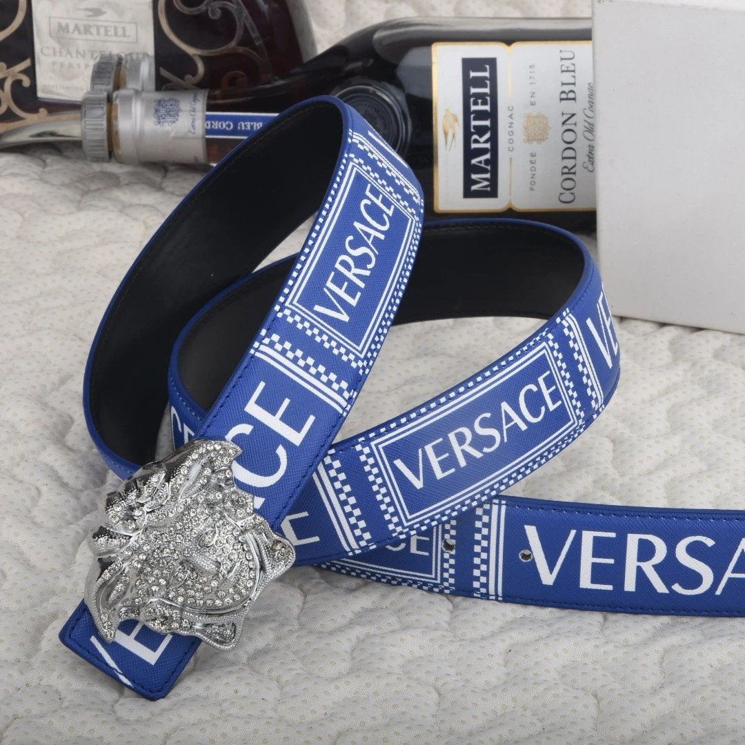 Versace Belts Logo-print belt with Medusa-head buckle — Blue full diamond silver buckle