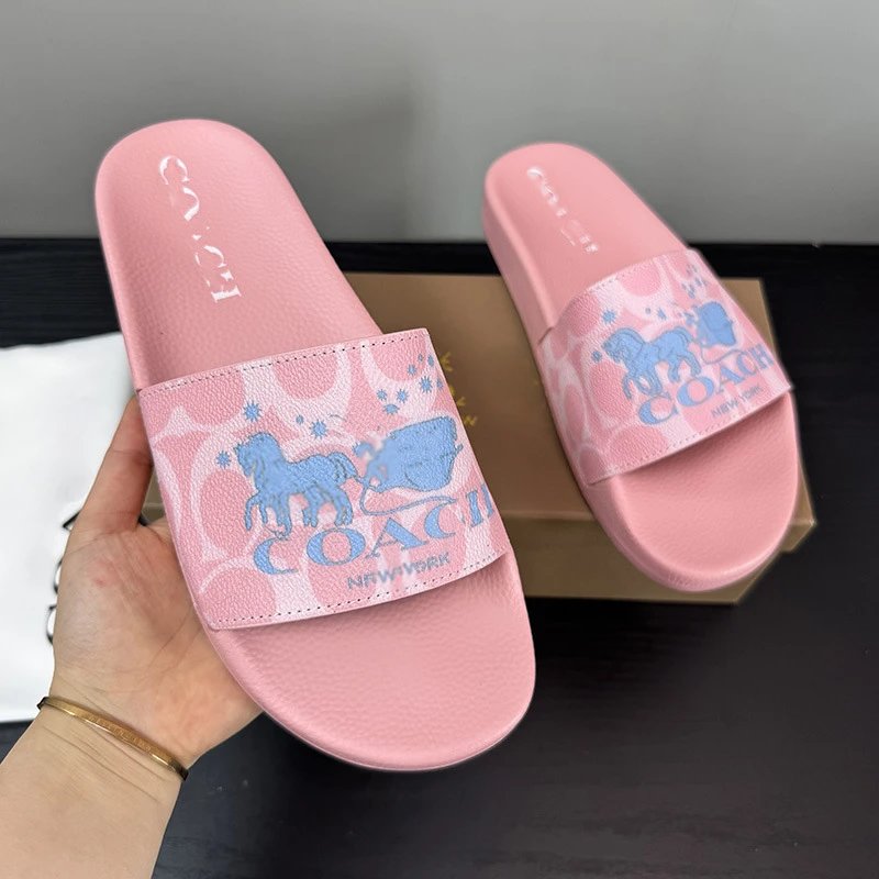 Coach Slippers Monogram Print Slide — Pink Blue Carriage