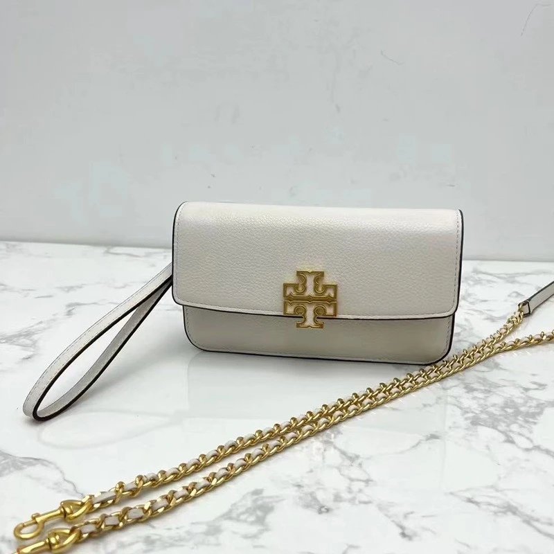 Tory Burch Crossbody Bags Small pebbled-leather flap bag with chain strap and Double T logo — White-gift box packaging
