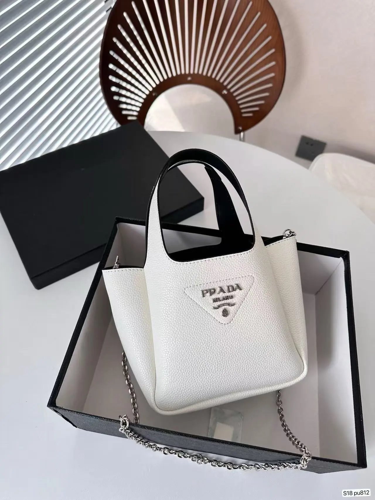 Prada Handbags Mini triangle-logo tote with chain shoulder strap — white