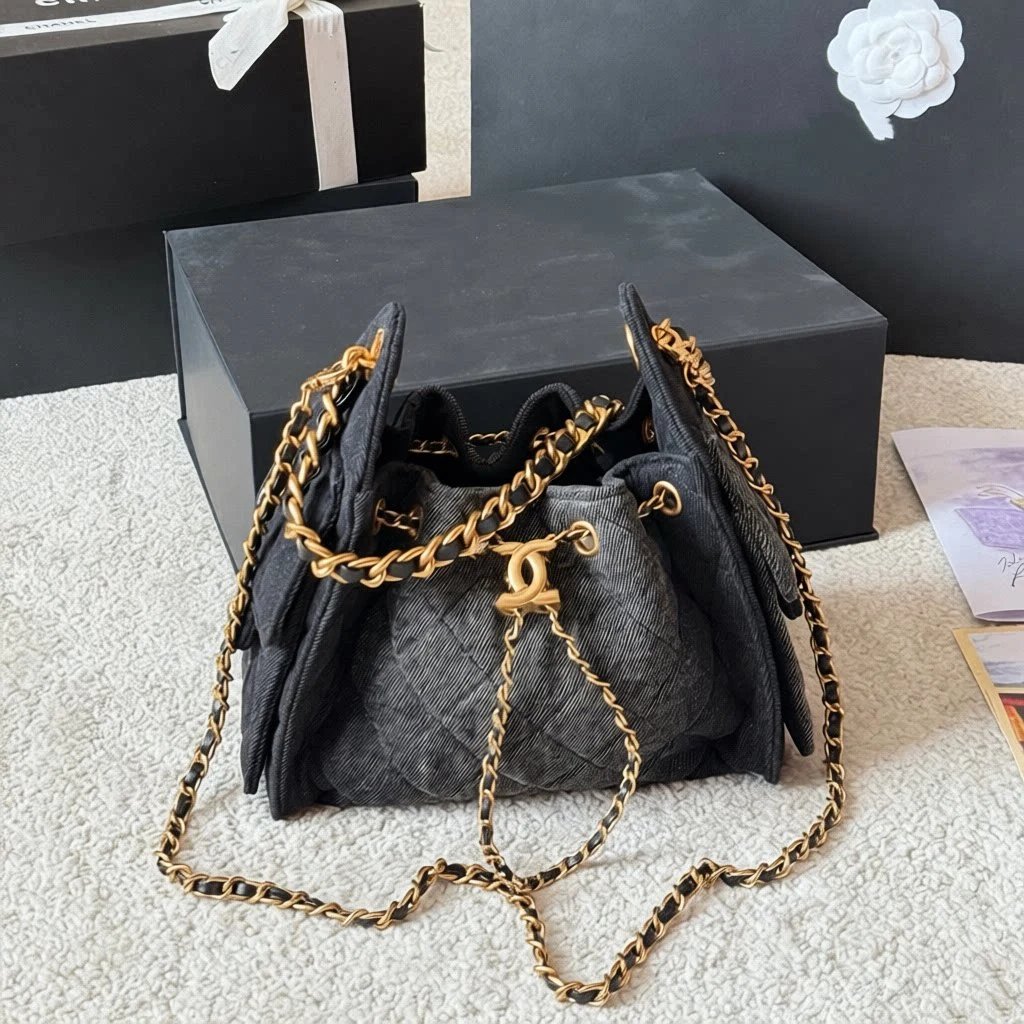 Chanel Shoulder Bags Quilted drawstring chain bag — original cloth black