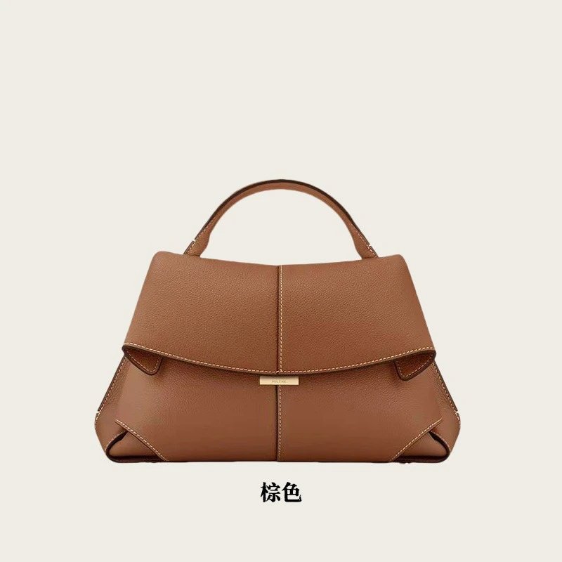 Polène Handbags Top-handle flap bag with pleated side panels — Camel color [in stock, ships instantly]