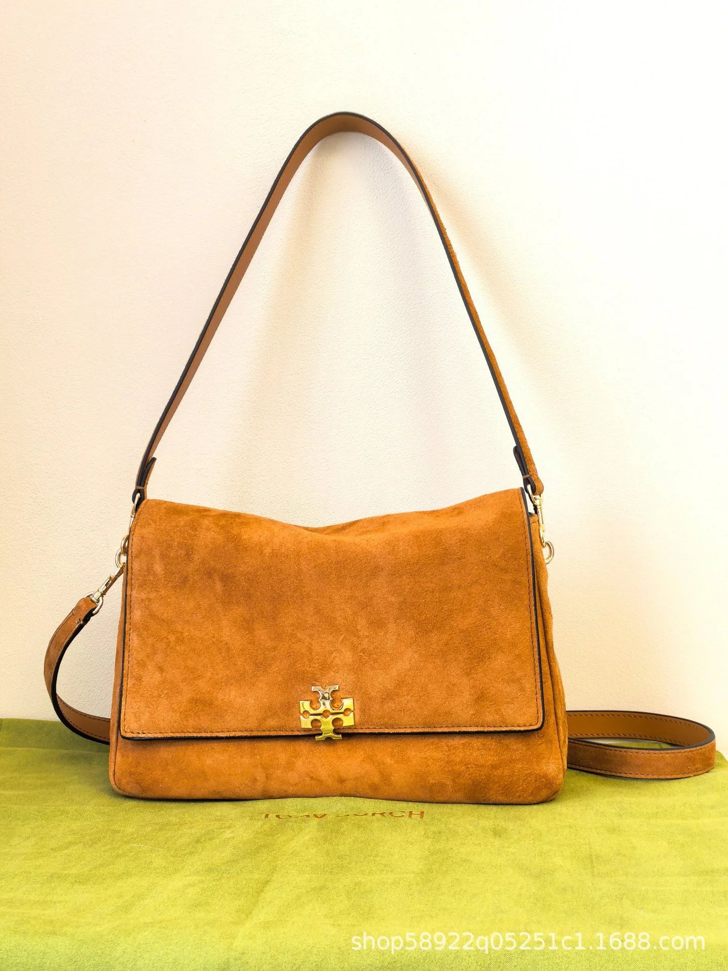 Tory Burch Shoulder Bags Flap Bag with Double T Hardware — suede brown