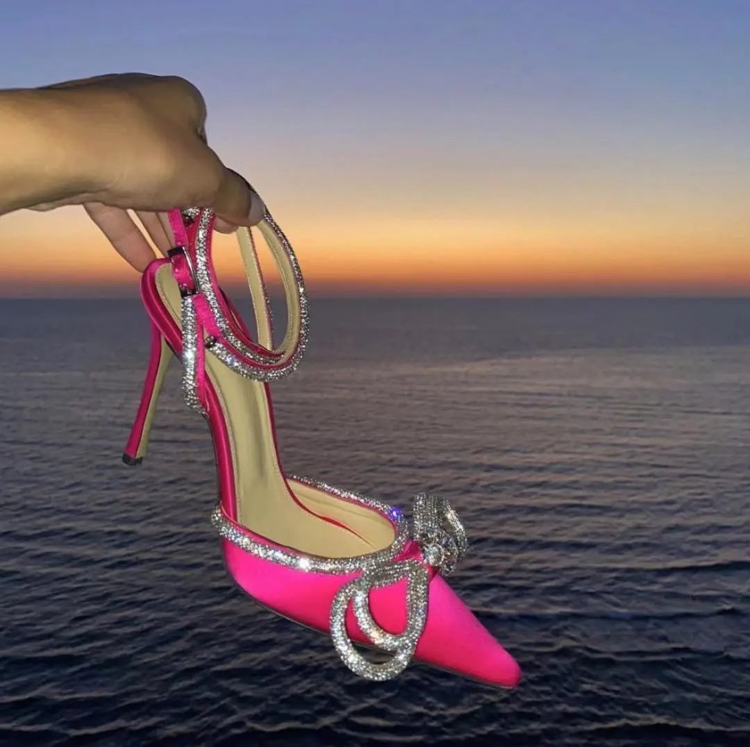 Unbranded High Heels Pointed-Toe Rhinestone Bow Ankle-Strap Stiletto Sandals — Peach pink