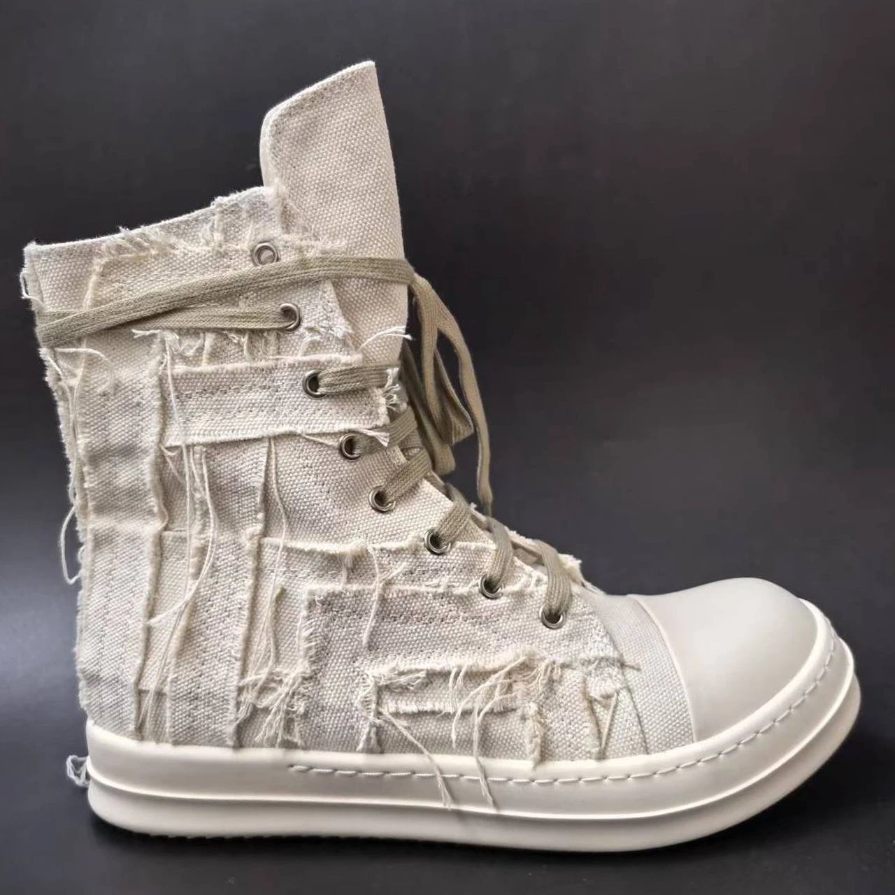 Unbranded Sneakers High-Top Distressed Canvas Lace-Up with Side Zipper — White high-top