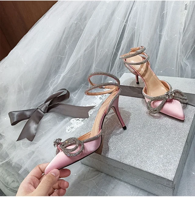 Unbranded High Heels Pointed-Toe Rhinestone Bow Ankle-Strap Stiletto Sandals product detail image 22