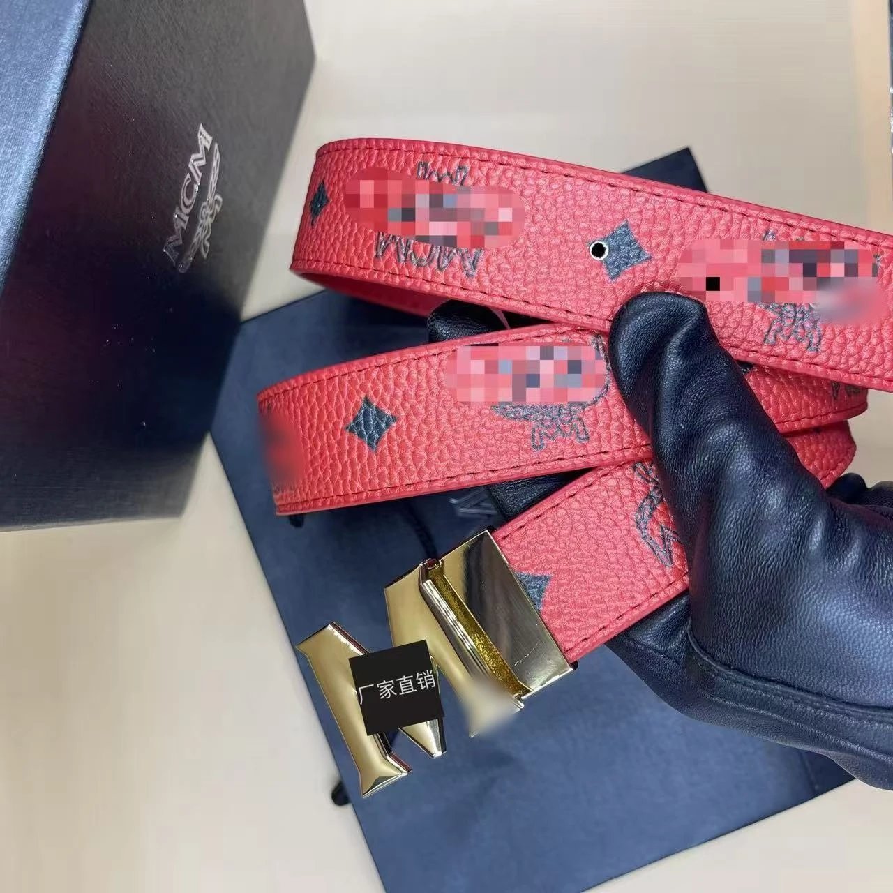 Unbranded Belts M Letter Buckle Patterned Belt — Red+M Gold buckle