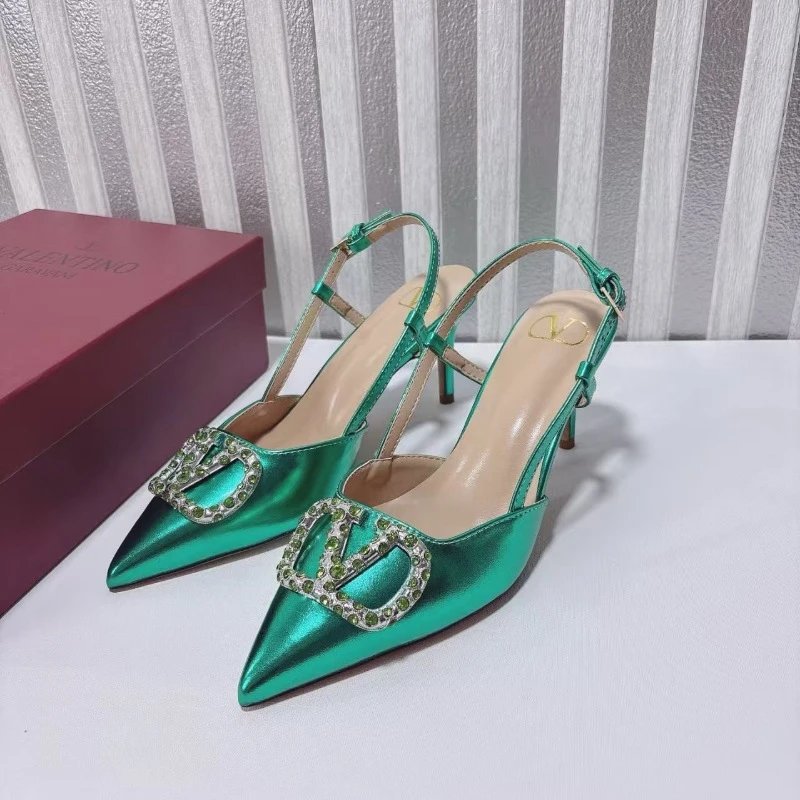Valentino Garavani High Heels Pointed-Toe Rhinestone V-Buckle Slingback — Green
