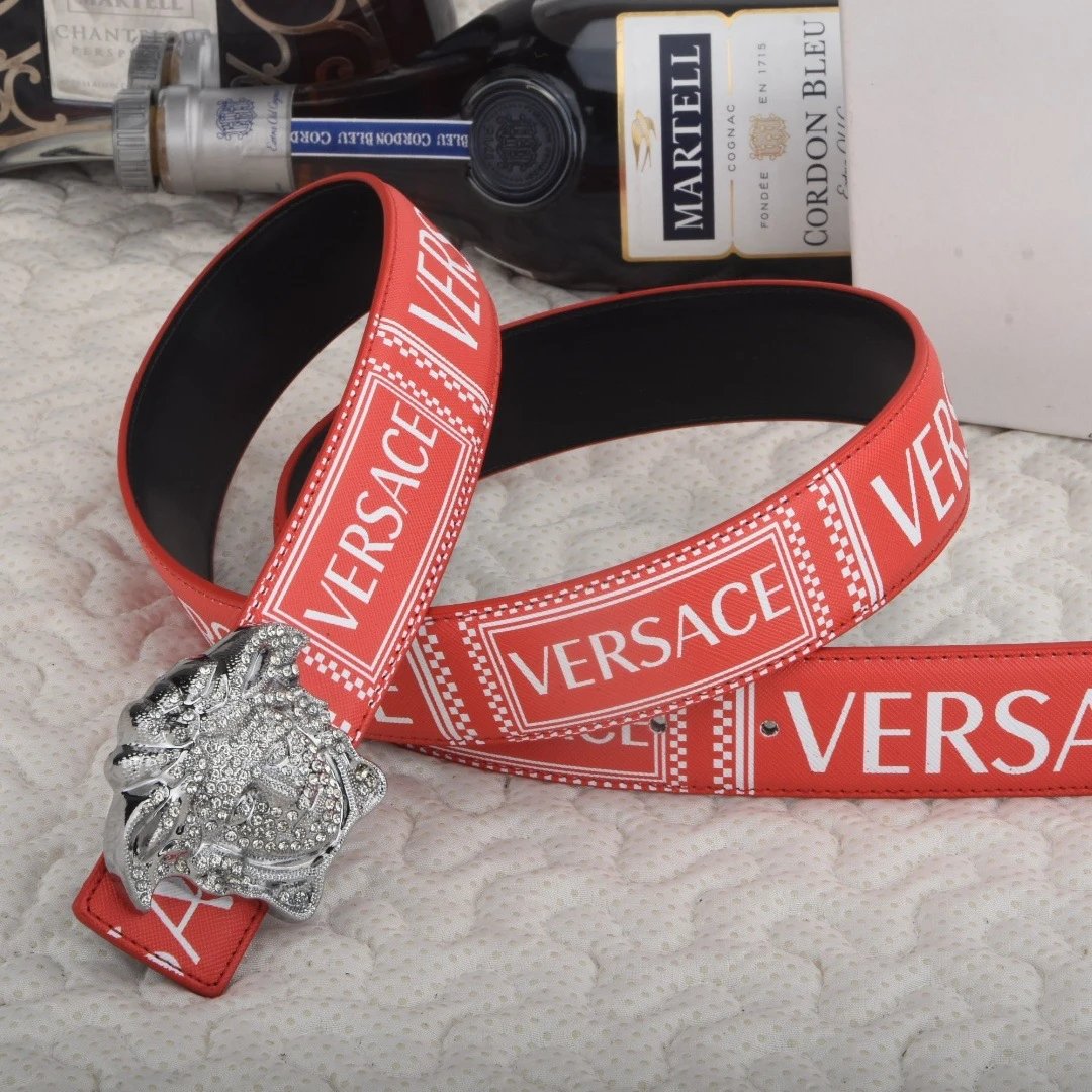 Versace Belts Logo-print belt with Medusa-head buckle — Red full diamond silver buckle