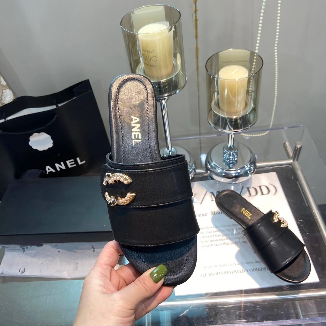 Unbranded Slippers Open-Toe Double-Strap Slides with Rhinestone Buckle — Black