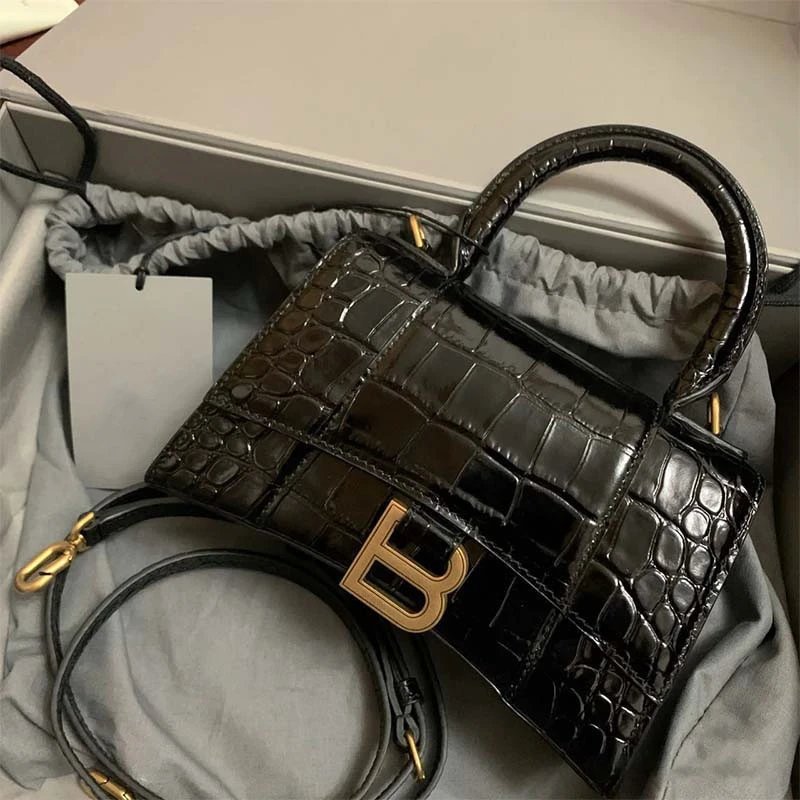 Unbranded Handbags Crocodile-Embossed Top-Handle Bag with B Clasp — Black top layer cowhide gold buckle 23 cm