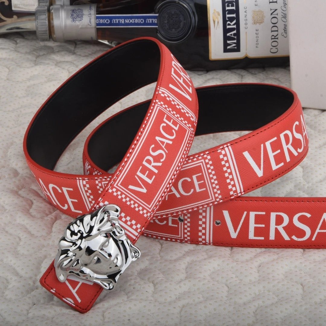 Versace Belts Logo-print belt with Medusa-head buckle — Red silver buckle