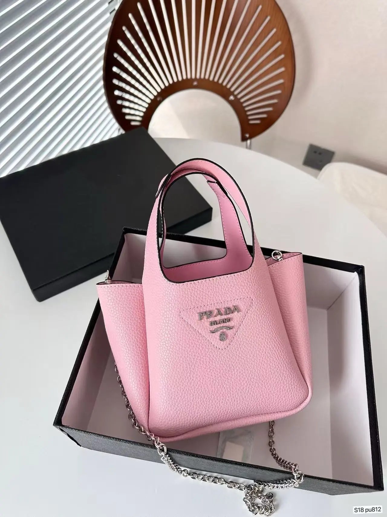 Prada Handbags Mini triangle-logo tote with chain shoulder strap — powder