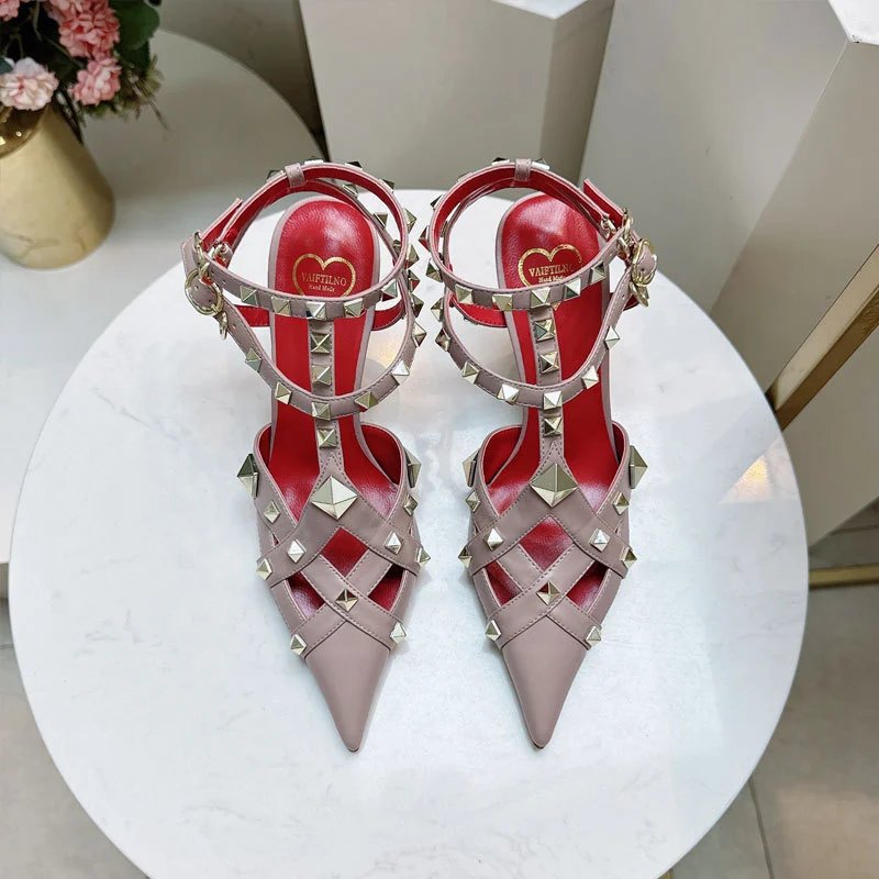 Valentino Garavani Sandals Rockstud pointed-toe caged ankle-strap high-heel — purple nude 6 CM