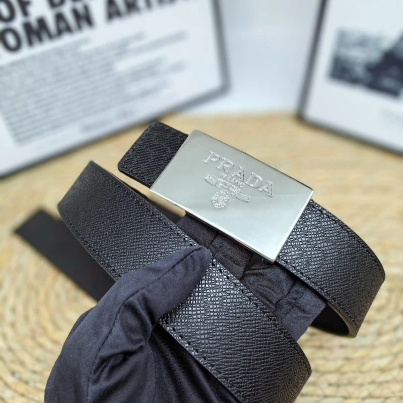 Prada Belts Saffiano-textured belt with rectangular logo buckle — Saffiano silver buckle